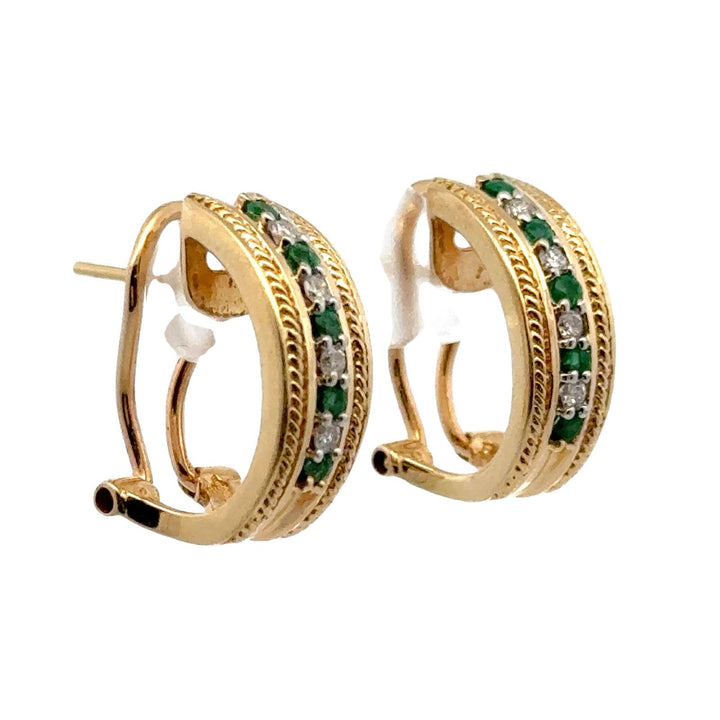 Diamond Emerald 14 Karat Yellow Gold Half Hoop Leverback Earrings