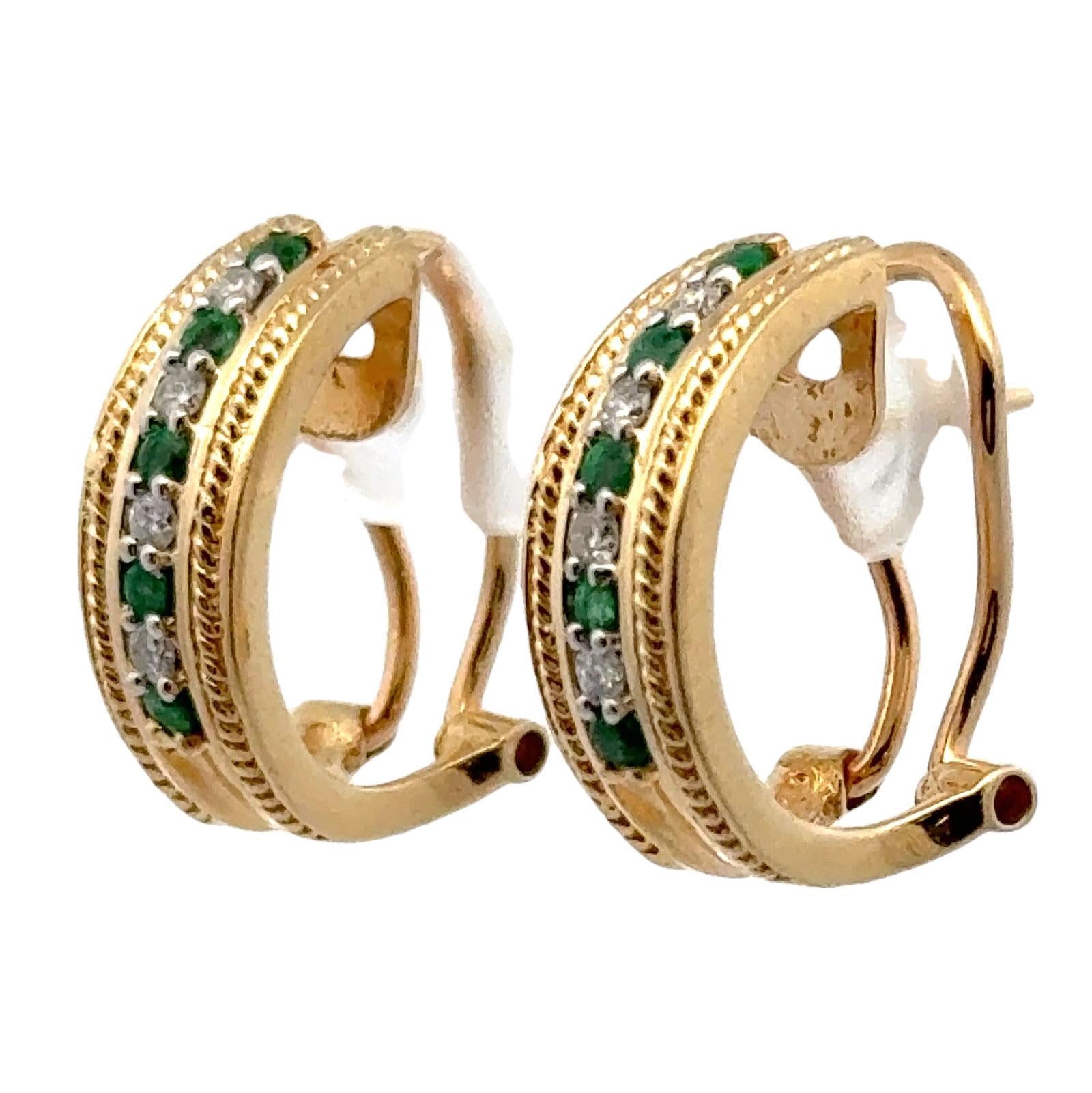 Diamond Emerald 14 Karat Yellow Gold Half Hoop Leverback Earrings