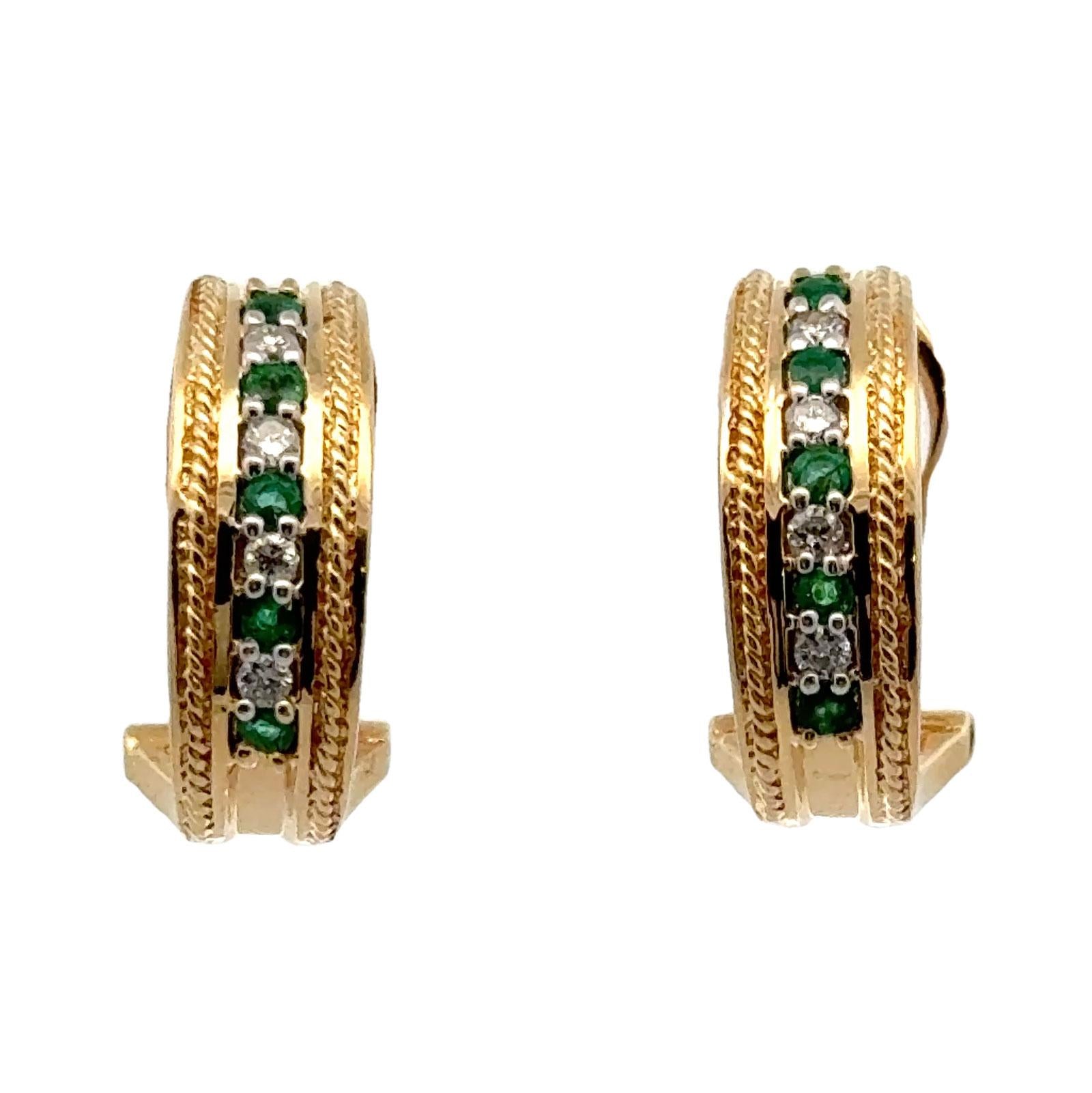 Diamond Emerald 14 Karat Yellow Gold Half Hoop Leverback Earrings