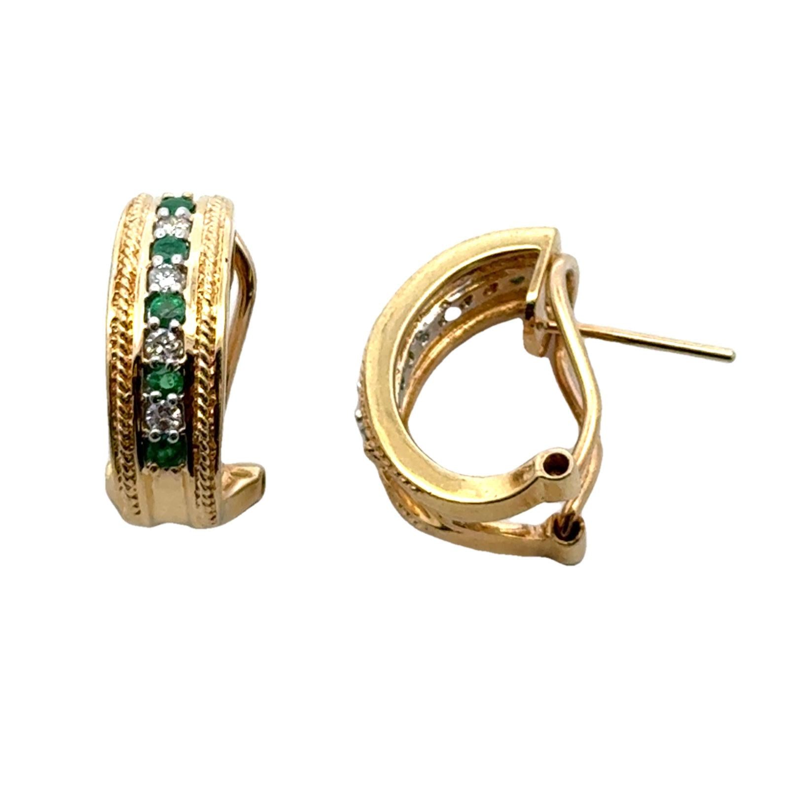 Diamond Emerald 14 Karat Yellow Gold Half Hoop Leverback Earrings