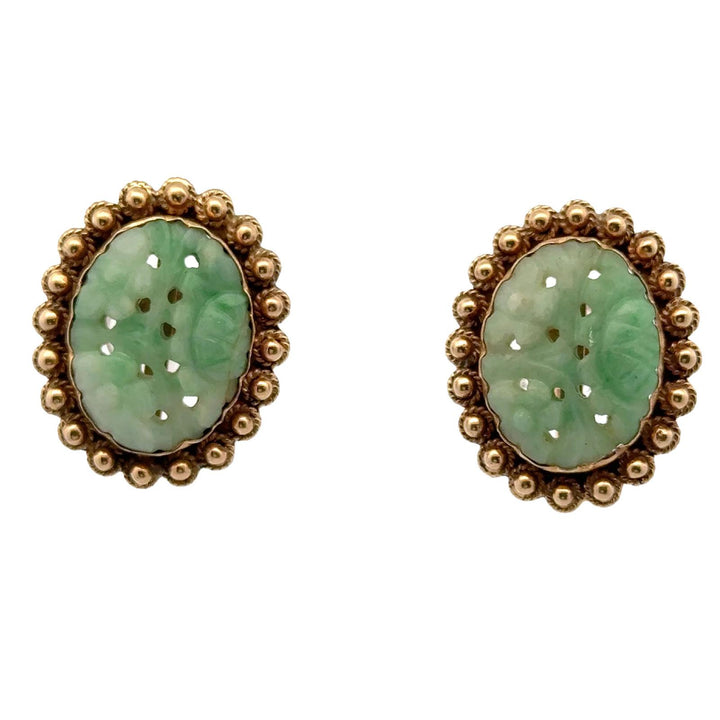 Mid-20th Century Carved Jade 14 Karat Yellow Gold Screw-Back Clip Earrings