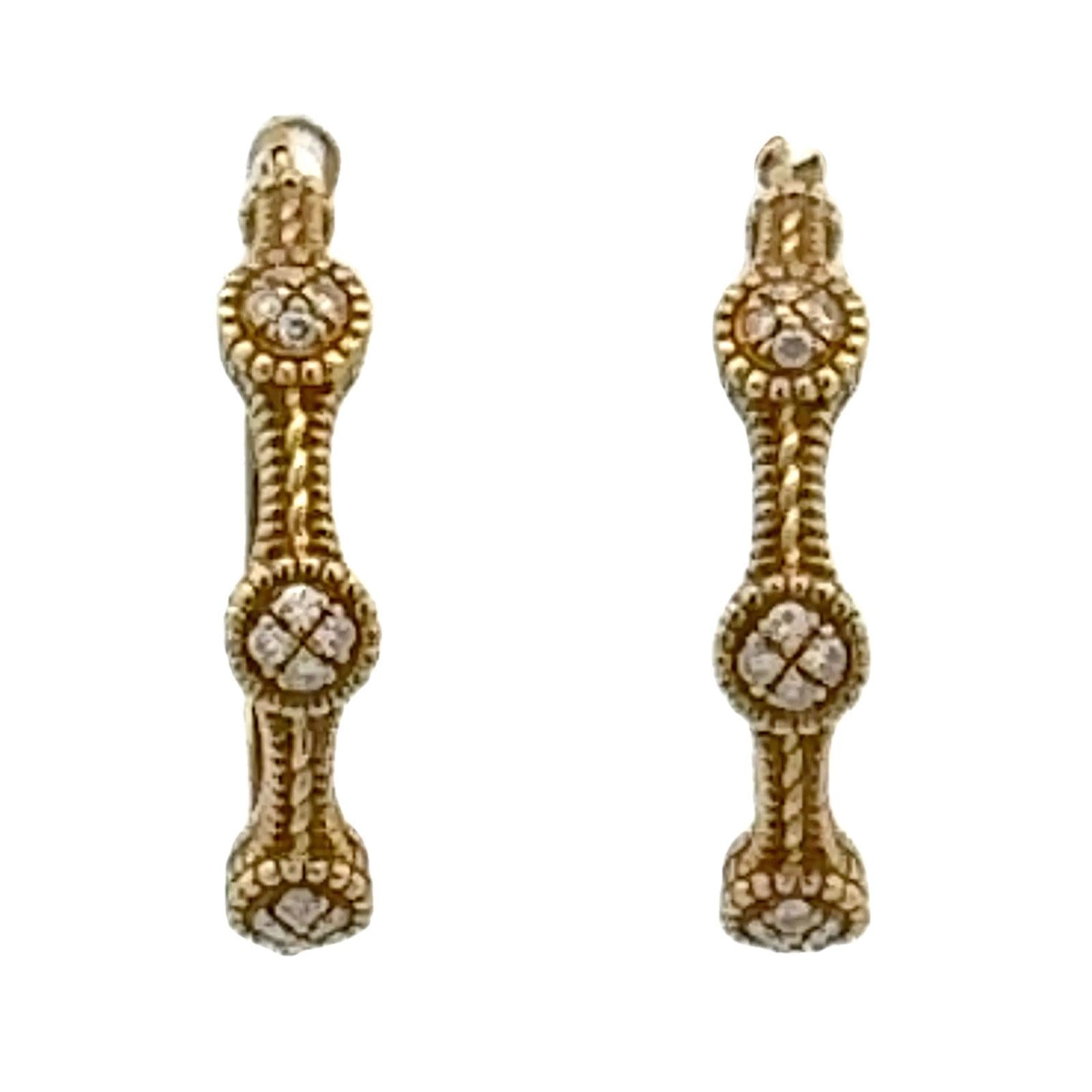 18 Karat Yellow Gold Textured Diamond Station Hoop Leverback Earrings