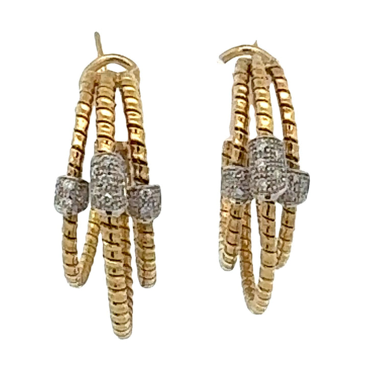 Diamond Three Row 18 Karat Yellow Gold Hoop Leverback Earrings