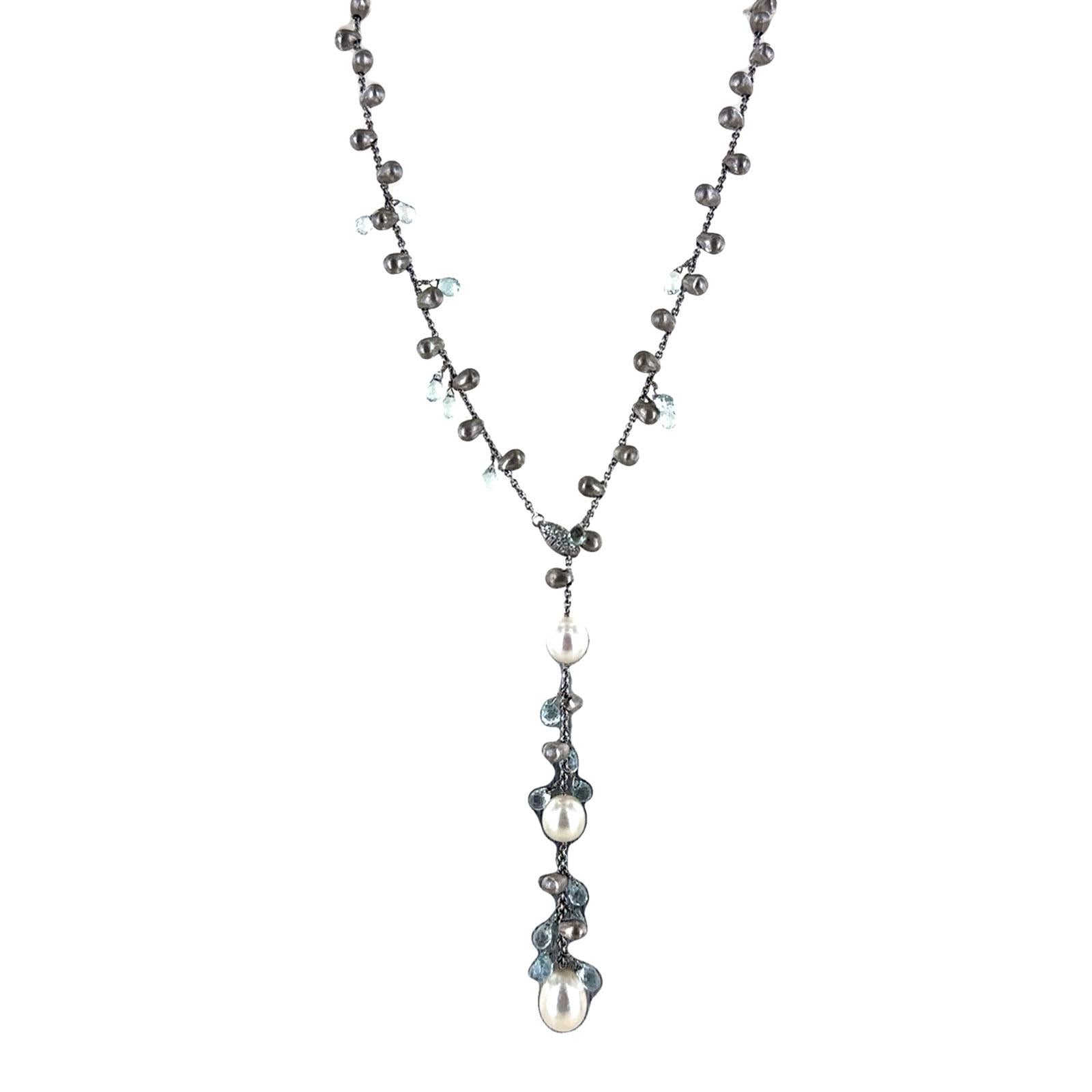 Marco Bicego 18K White Gold Pearl Crystal Drop Lariat Necklace