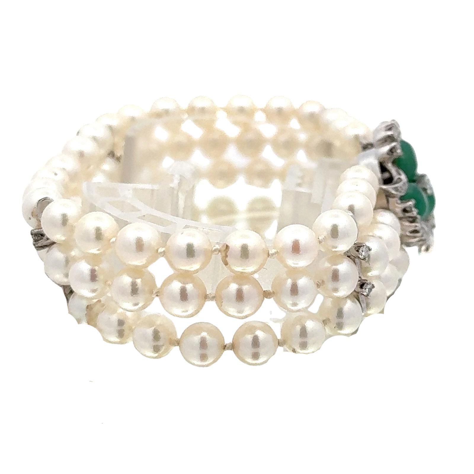 Emerald Diamond 14 Karat White Gold Clasp Three Strand Pearl Bracelet