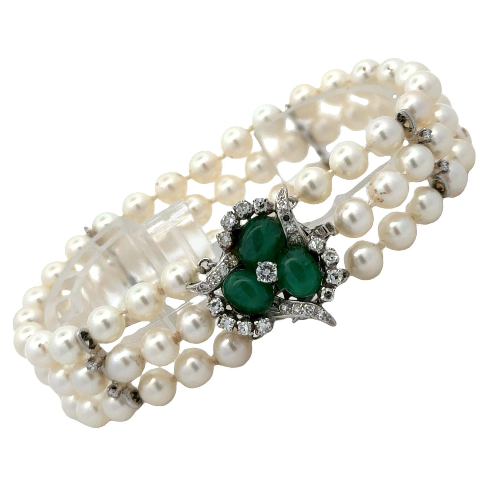 Emerald Diamond 14 Karat White Gold Clasp Three Strand Pearl Bracelet