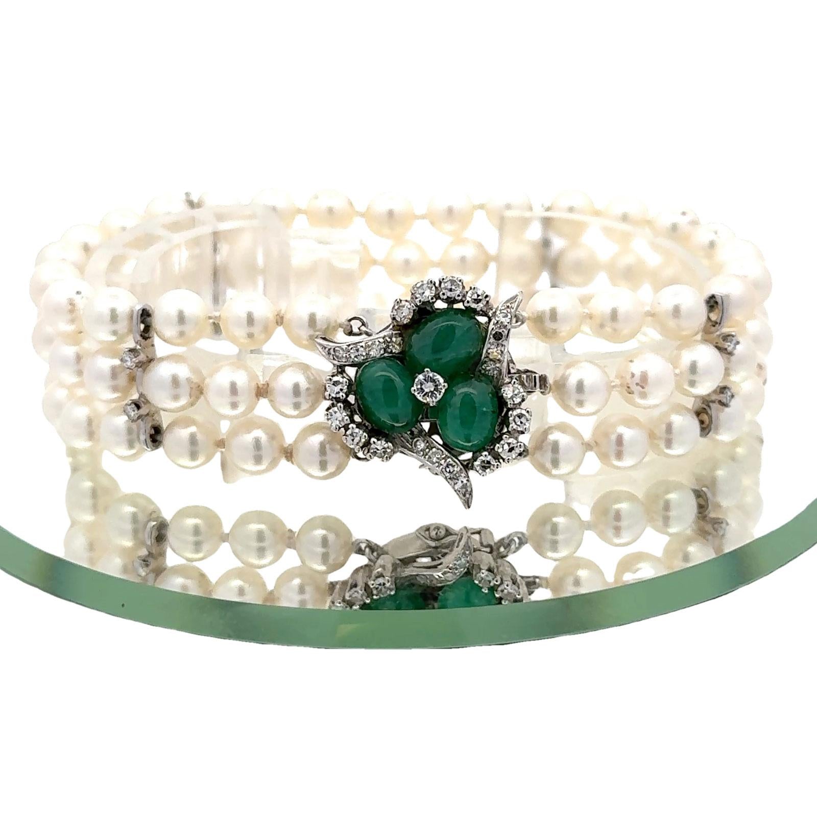 Emerald Diamond 14 Karat White Gold Clasp Three Strand Pearl Bracelet