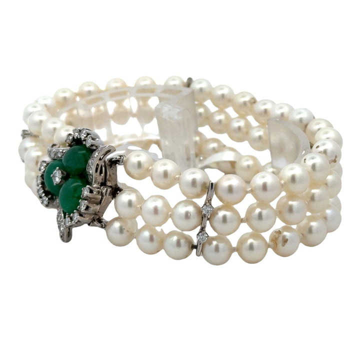 Emerald Diamond 14 Karat White Gold Clasp Three Strand Pearl Bracelet