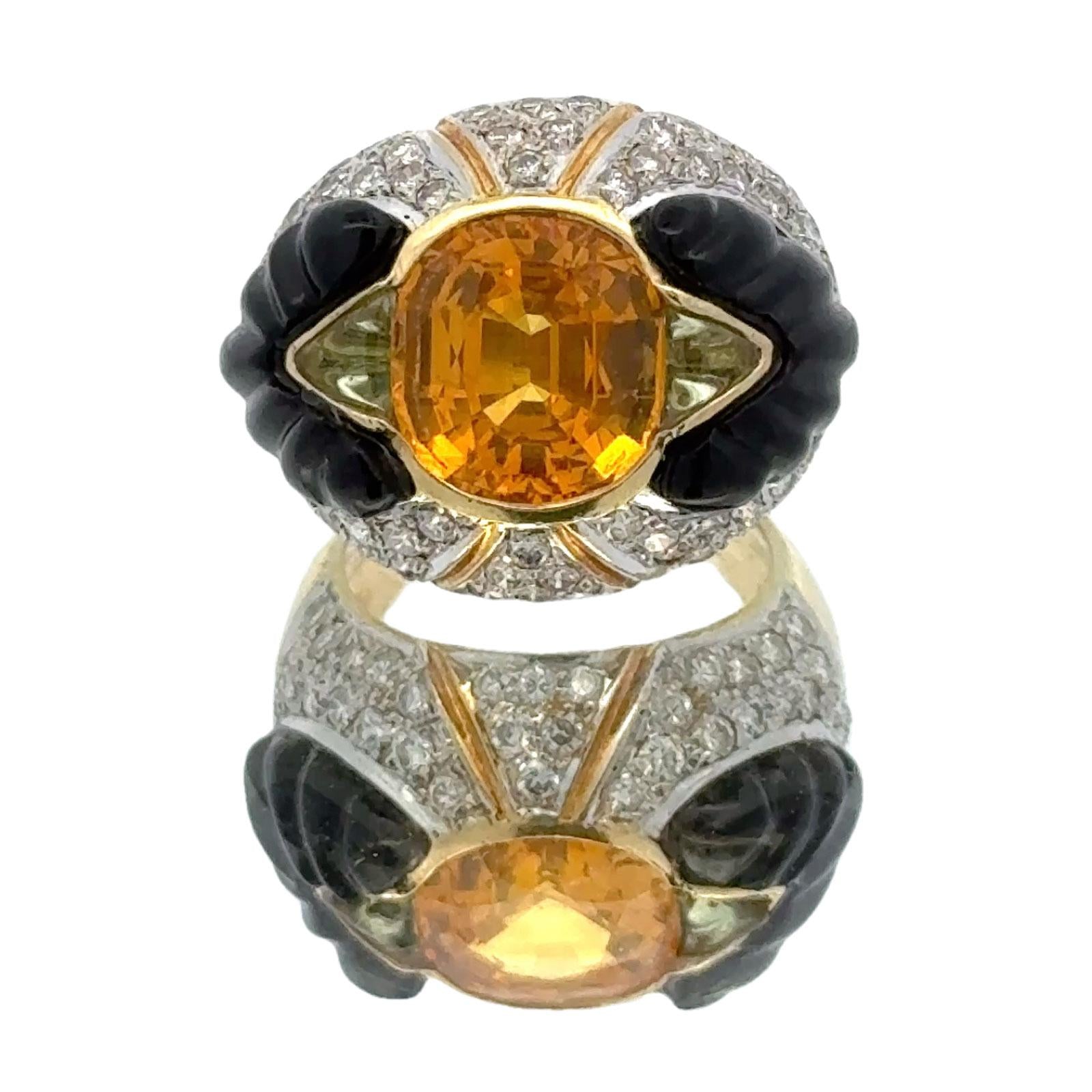 Ceylon Yellow Sapphire Diamond Carved Onyx 18 Karat Yellow Gold Cocktail Ring