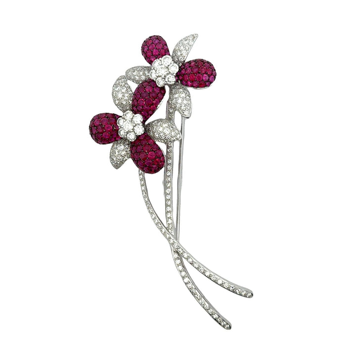 Diamond Ruby Floral 18 Karat White Gold Vintage Brooch