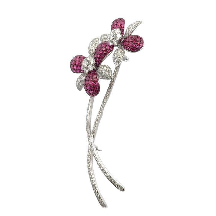 Diamond Ruby Floral 18 Karat White Gold Vintage Brooch