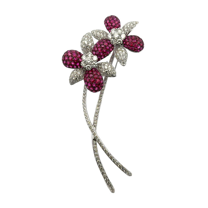 Diamond Ruby Floral 18 Karat White Gold Vintage Brooch