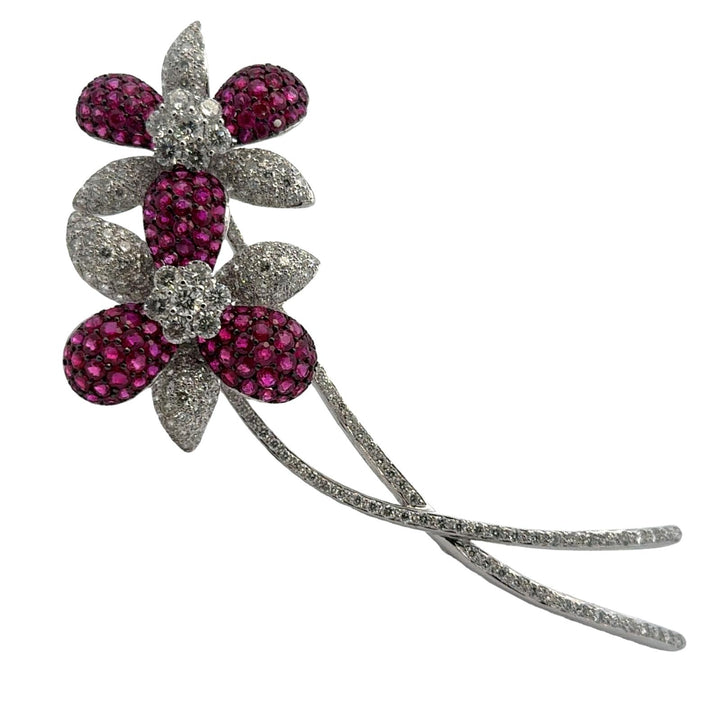 Diamond Ruby Floral 18 Karat White Gold Vintage Brooch