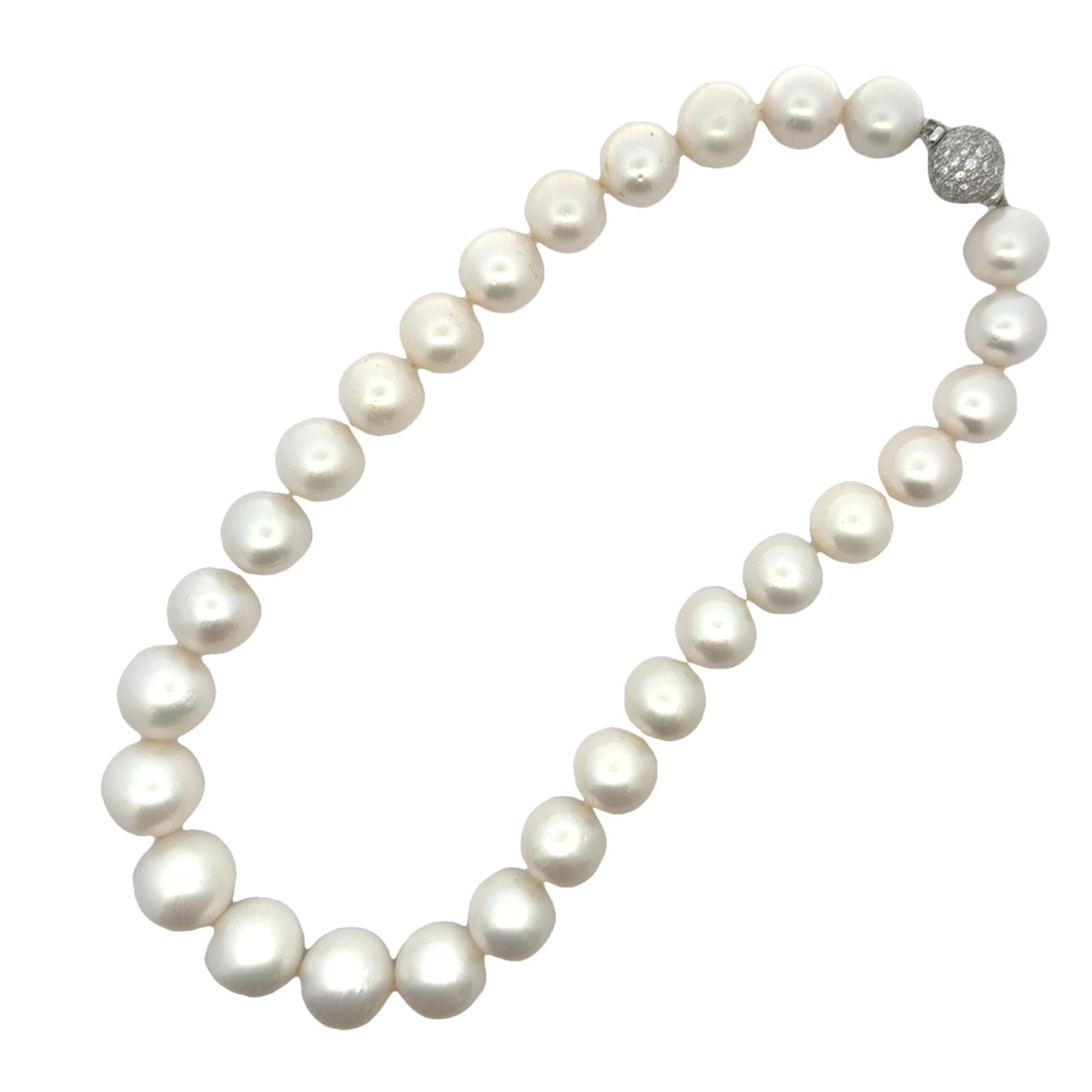 South Sea Pearl Diamond Necklace 18 Karat White Gold Ball Clasp 16.5 Inches