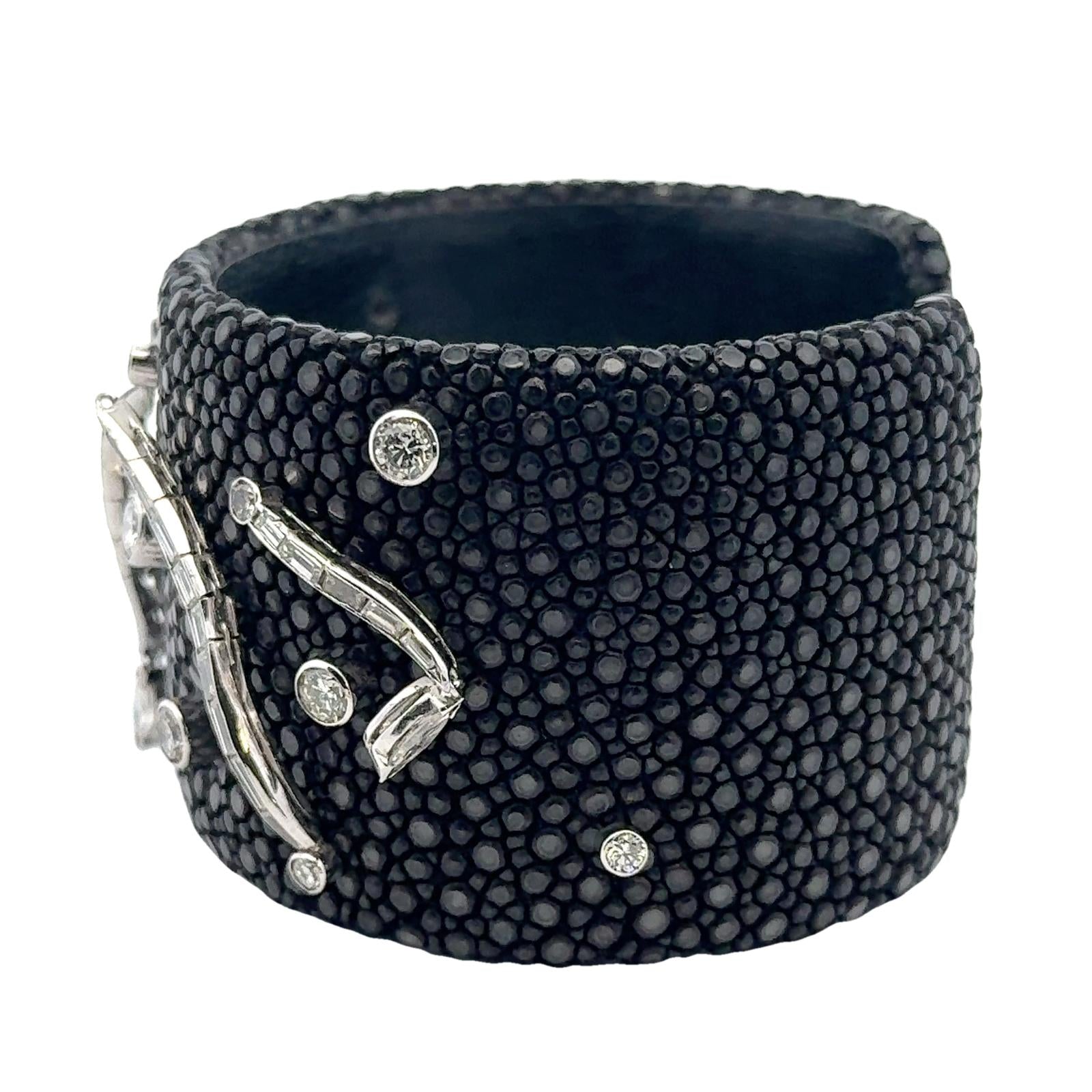 Diamond Platinum Stingray Skin Cuff Modern Bracelet