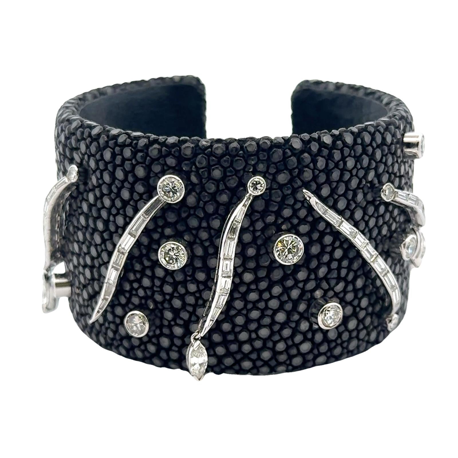 Diamond Platinum Stingray Skin Cuff Modern Bracelet