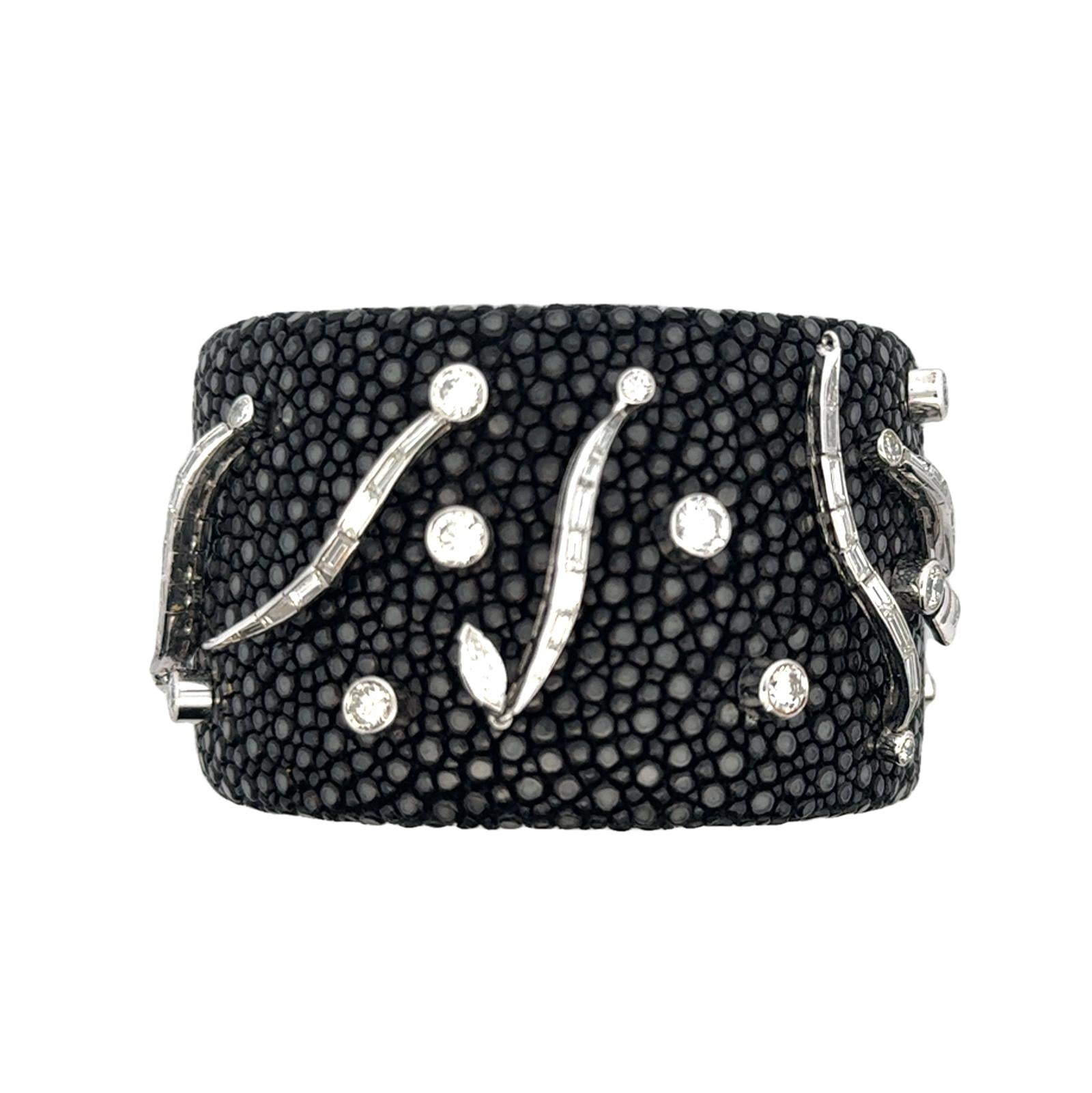 Diamond Platinum Stingray Skin Cuff Modern Bracelet