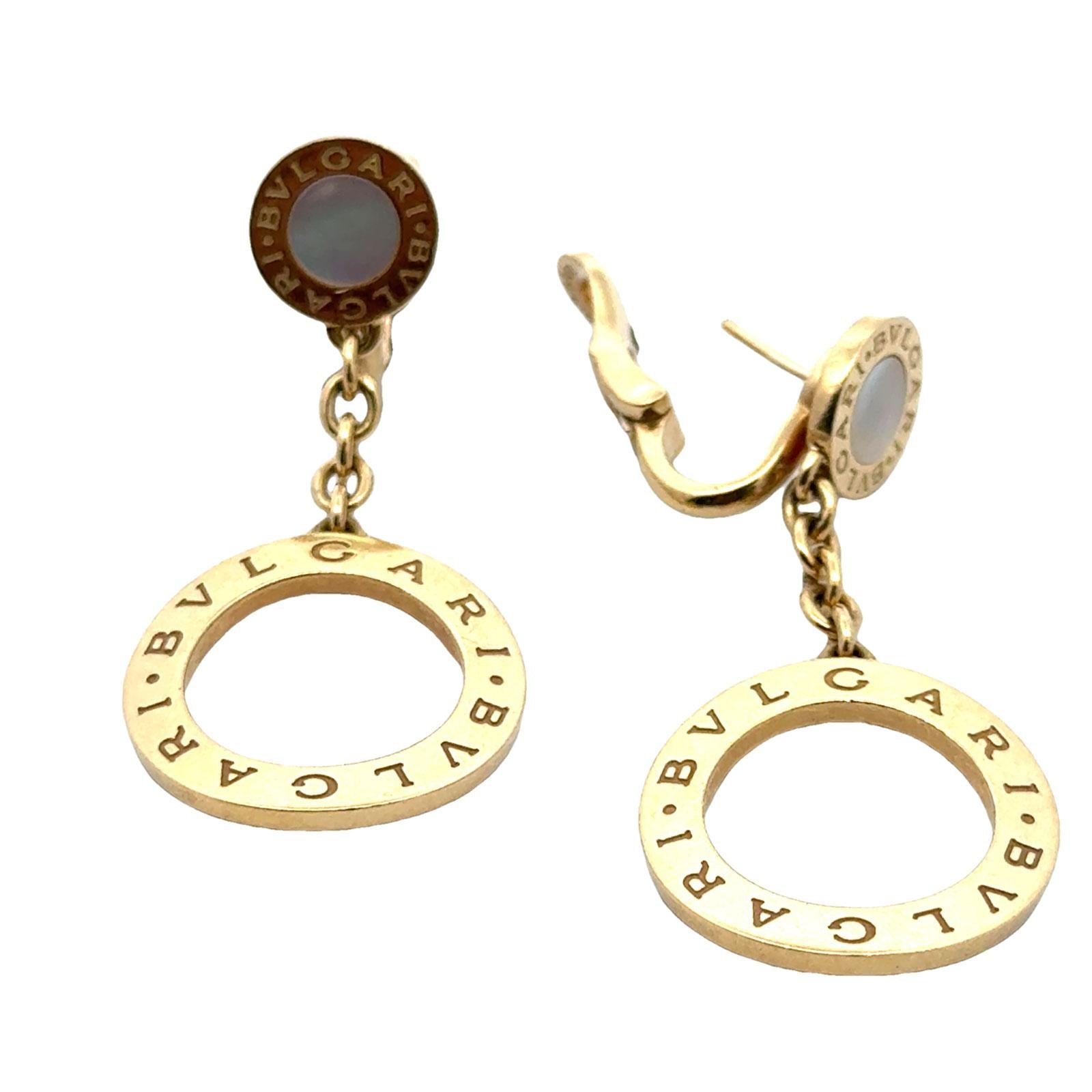 Bvlgari Bvglari 18 Karat Yellow Gold Mother of Pearl Circle Drop Modern Earrings