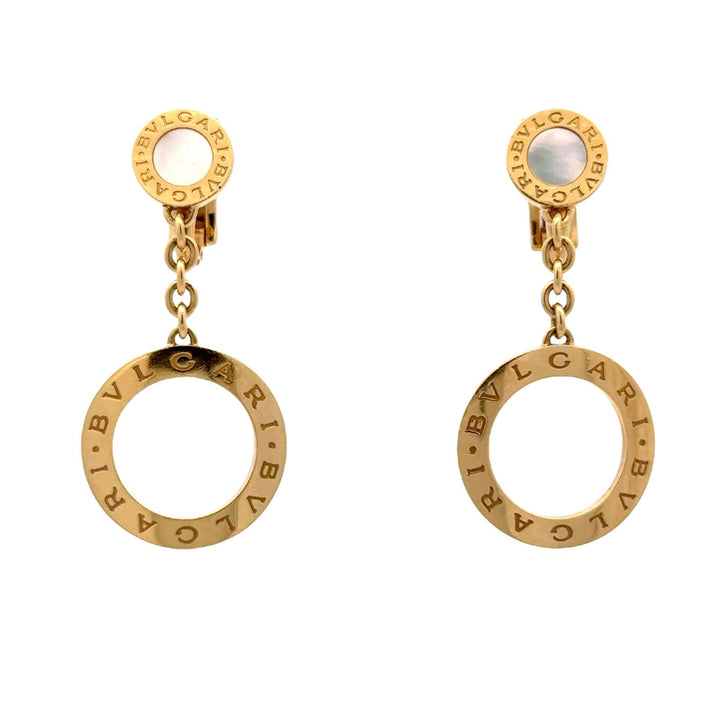 Bvlgari Bvglari 18 Karat Yellow Gold Mother of Pearl Circle Drop Modern Earrings