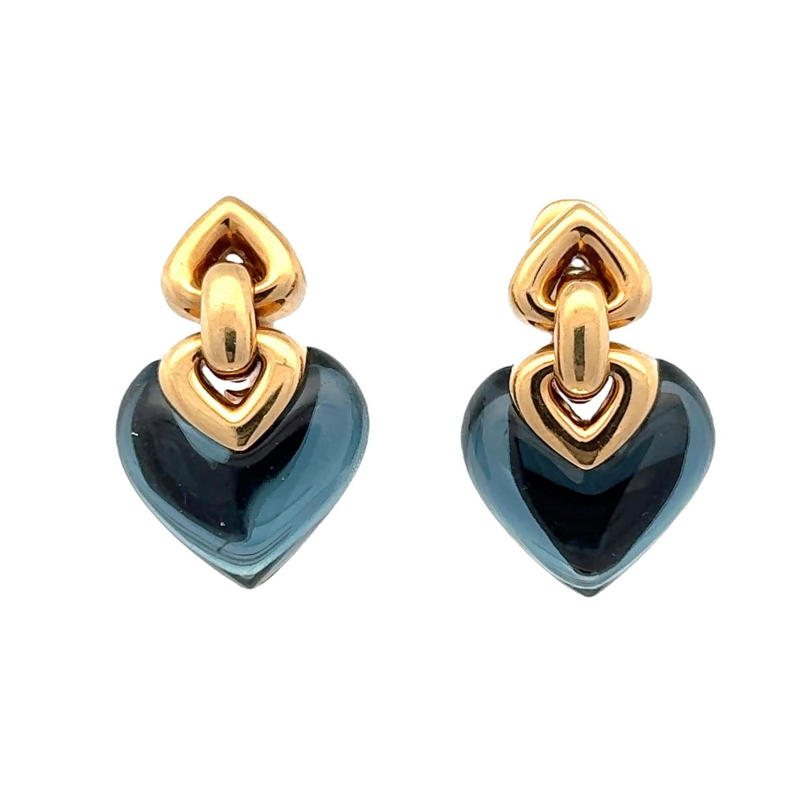 Bvlgari Doppio Cuore 18 Karat Yellow Gold London Blue Topaz Heart Earrings