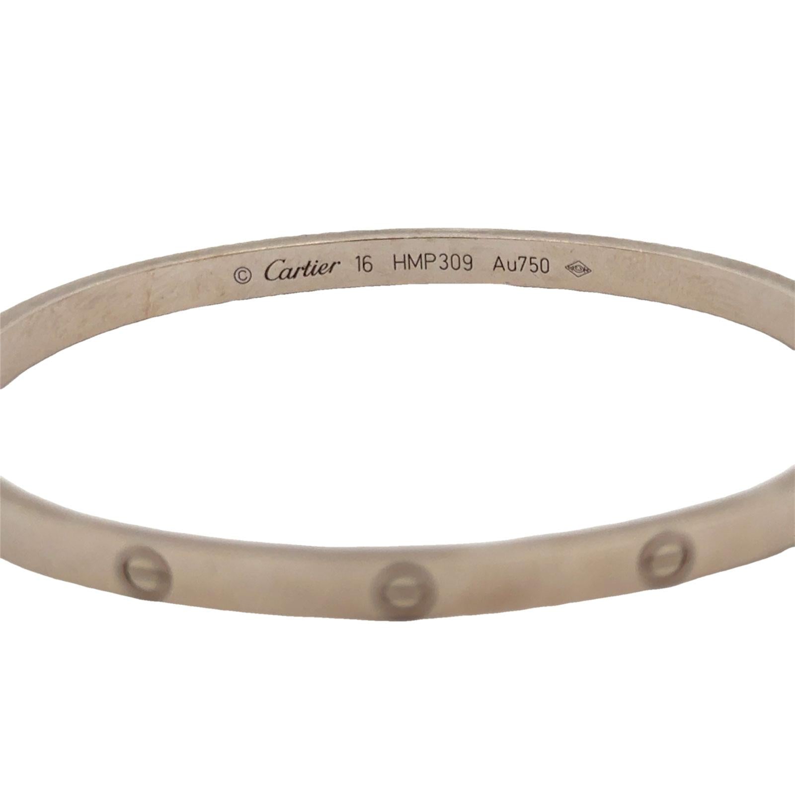 Cartier LOVE 18 Karat White gold Bangle Bracelet, Size 16 Small Model B&P