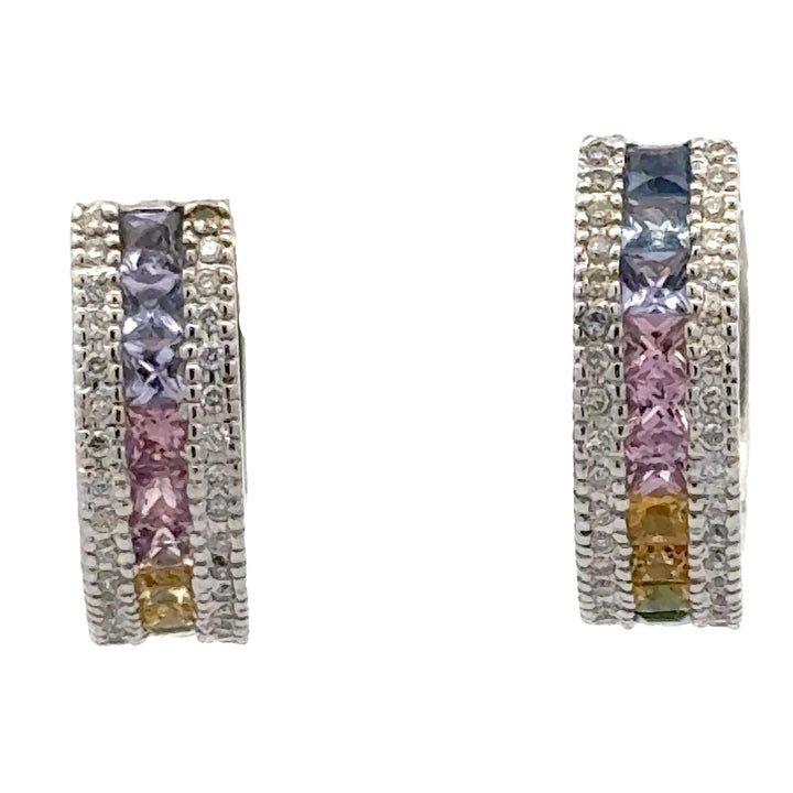 Diamond Colorful Quartz Gemstone 14K Whitel Gold Rainbow Huggie Hoop Earrings