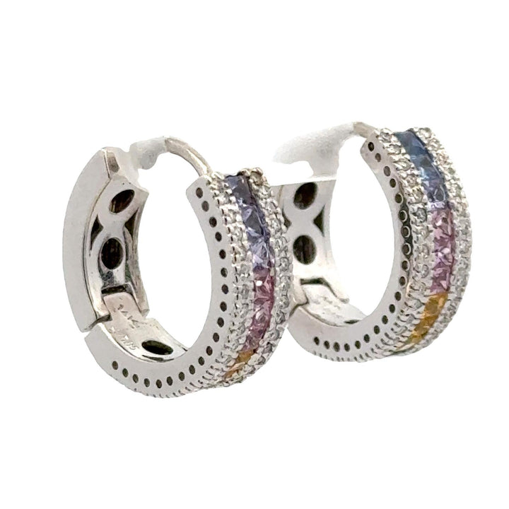 Diamond Colorful Quartz Gemstone 14K Whitel Gold Rainbow Huggie Hoop Earrings