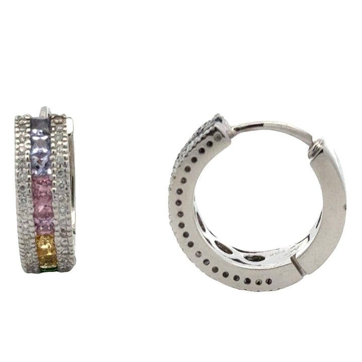 Diamond Colorful Quartz Gemstone 14K Whitel Gold Rainbow Huggie Hoop Earrings