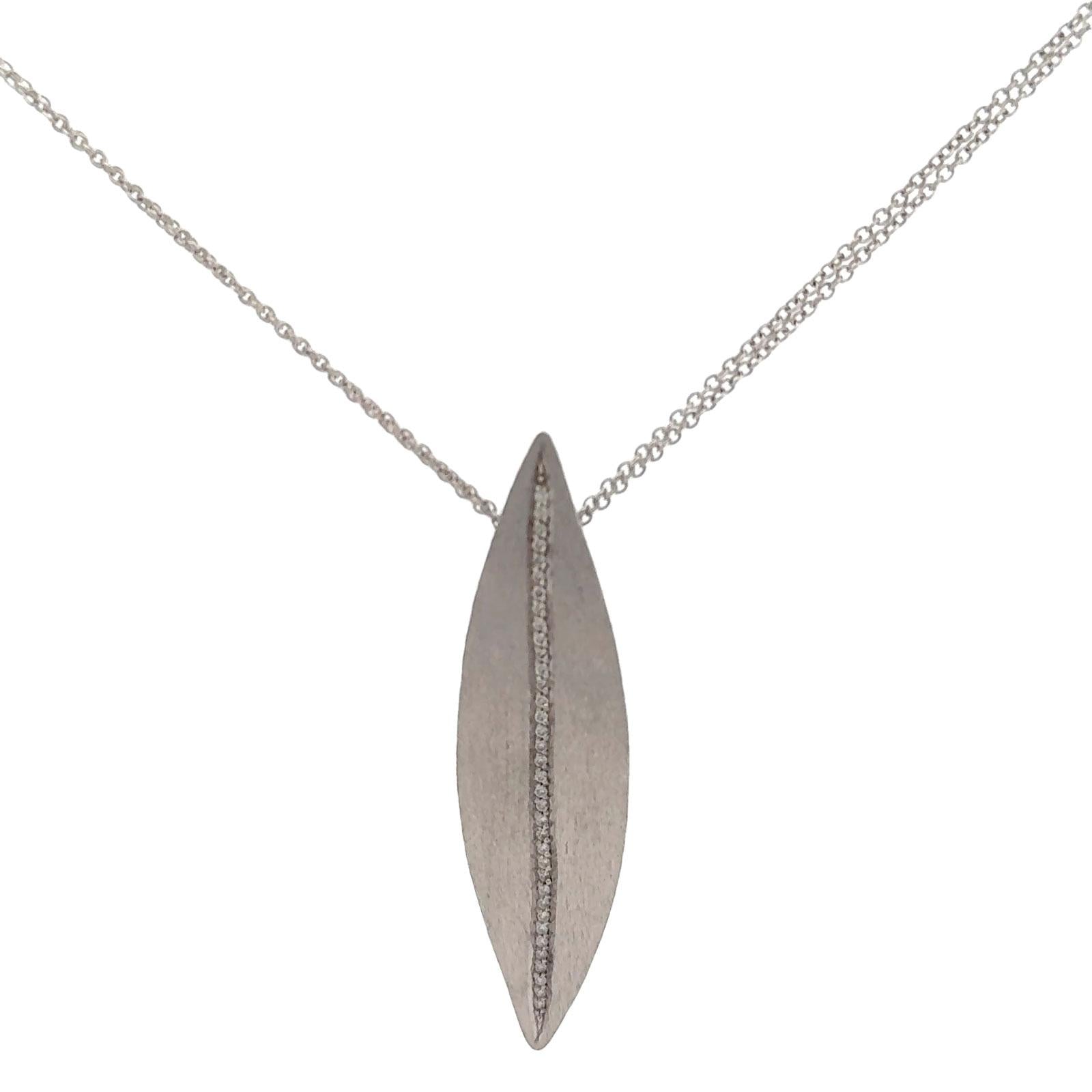 Modern Diamond 18 Karat White Gold Satin Finish Leaf Pendant Necklace