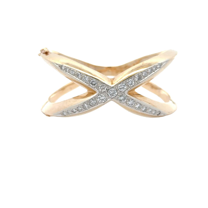 Diamond 'X' 14 Karat Yellow Gold Modern Bangle Bracelet