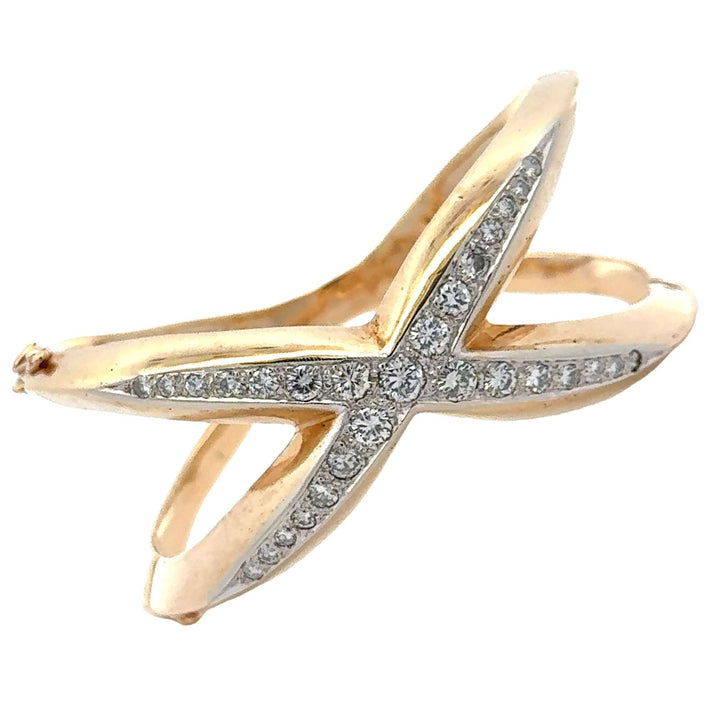 Diamond 'X' 14 Karat Yellow Gold Modern Bangle Bracelet