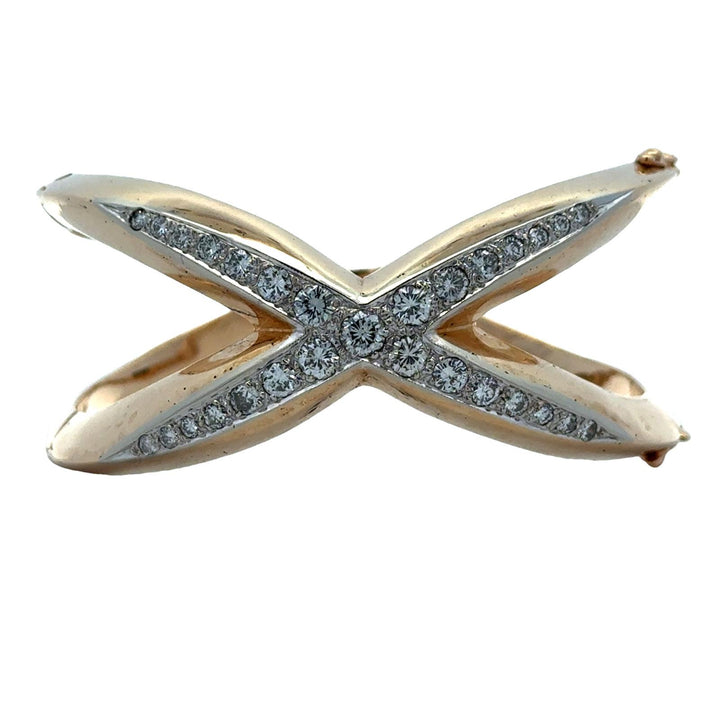 Diamond 'X' 14 Karat Yellow Gold Modern Bangle Bracelet