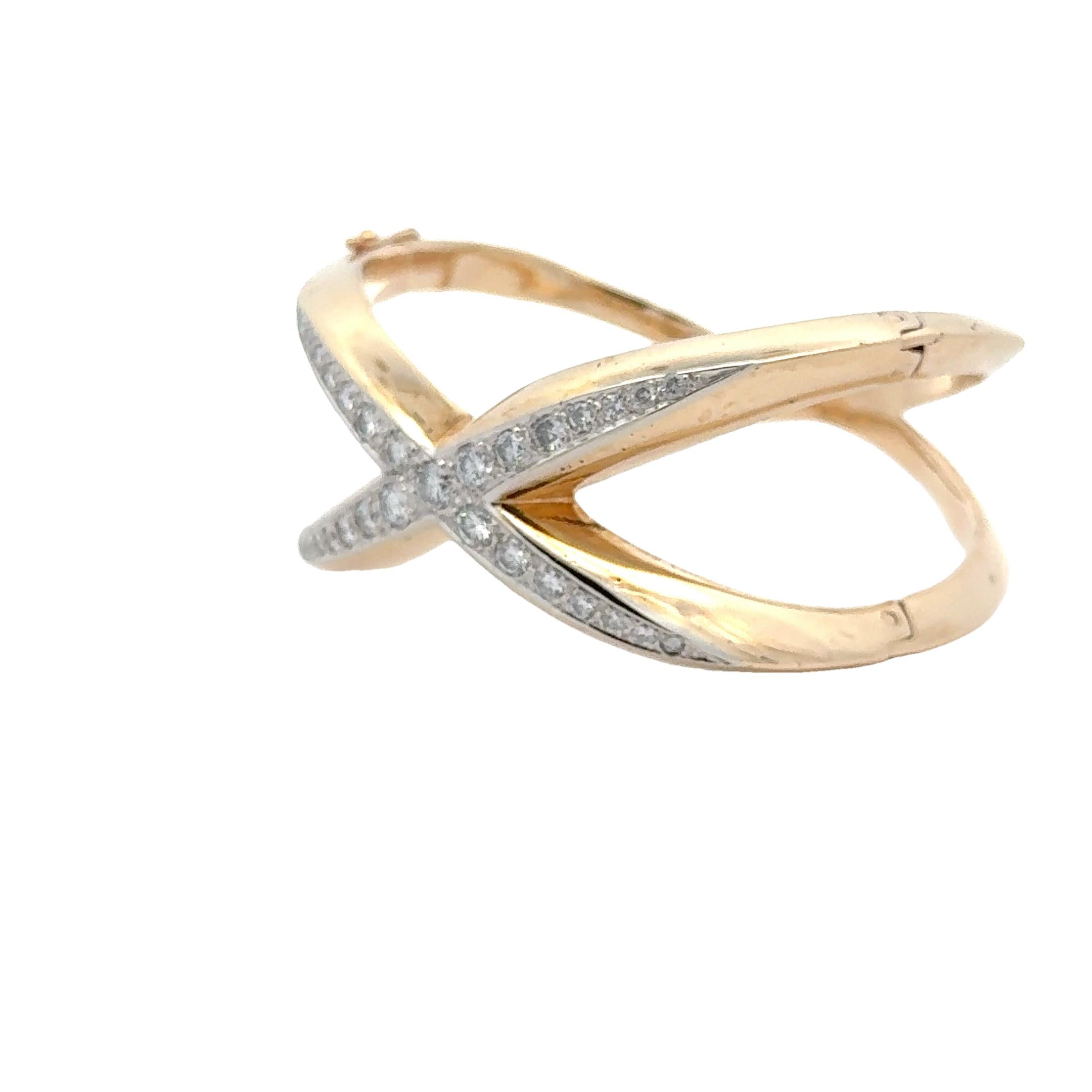 Diamond 'X' 14 Karat Yellow Gold Modern Bangle Bracelet