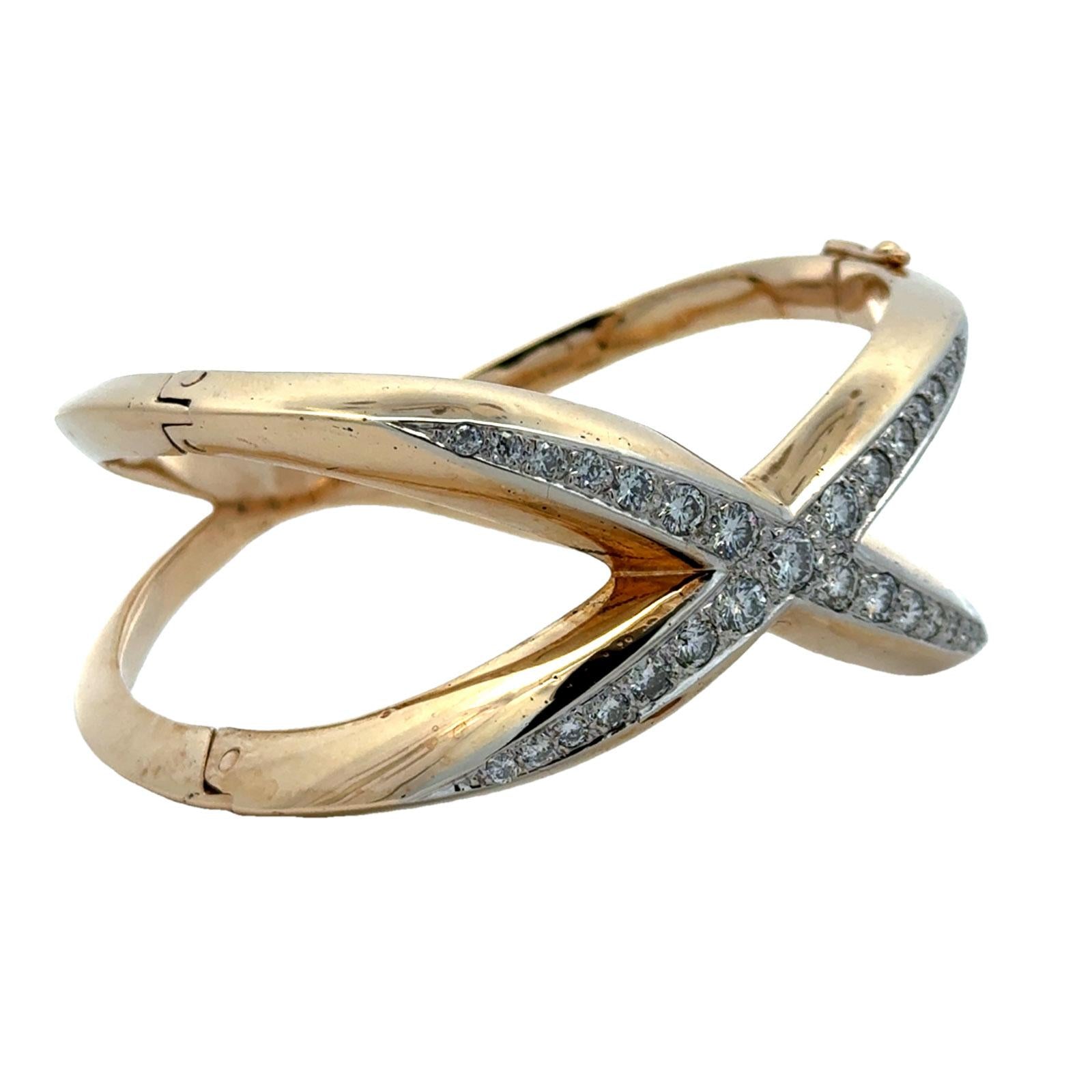 Diamond 'X' 14 Karat Yellow Gold Modern Bangle Bracelet