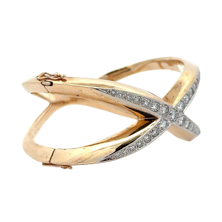 Diamond 'X' 14 Karat Yellow Gold Modern Bangle Bracelet