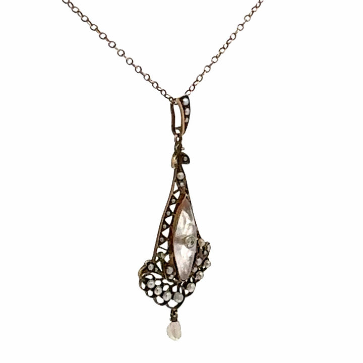 Art Nouvea Diamond Pearl 14 Karat Yellow Gold Lavalier Antique Pendant Necklace