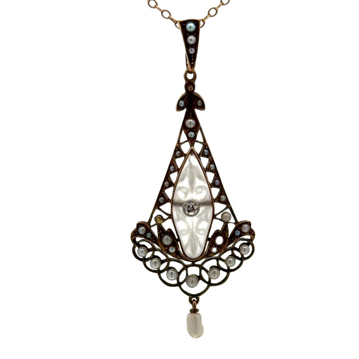 Art Nouvea Diamond Pearl 14 Karat Yellow Gold Lavalier Antique Pendant Necklace