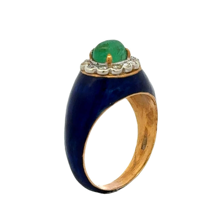 Mid-20th Century Emerald Diamond Blue Enamel 18K Yellow Gold Ring