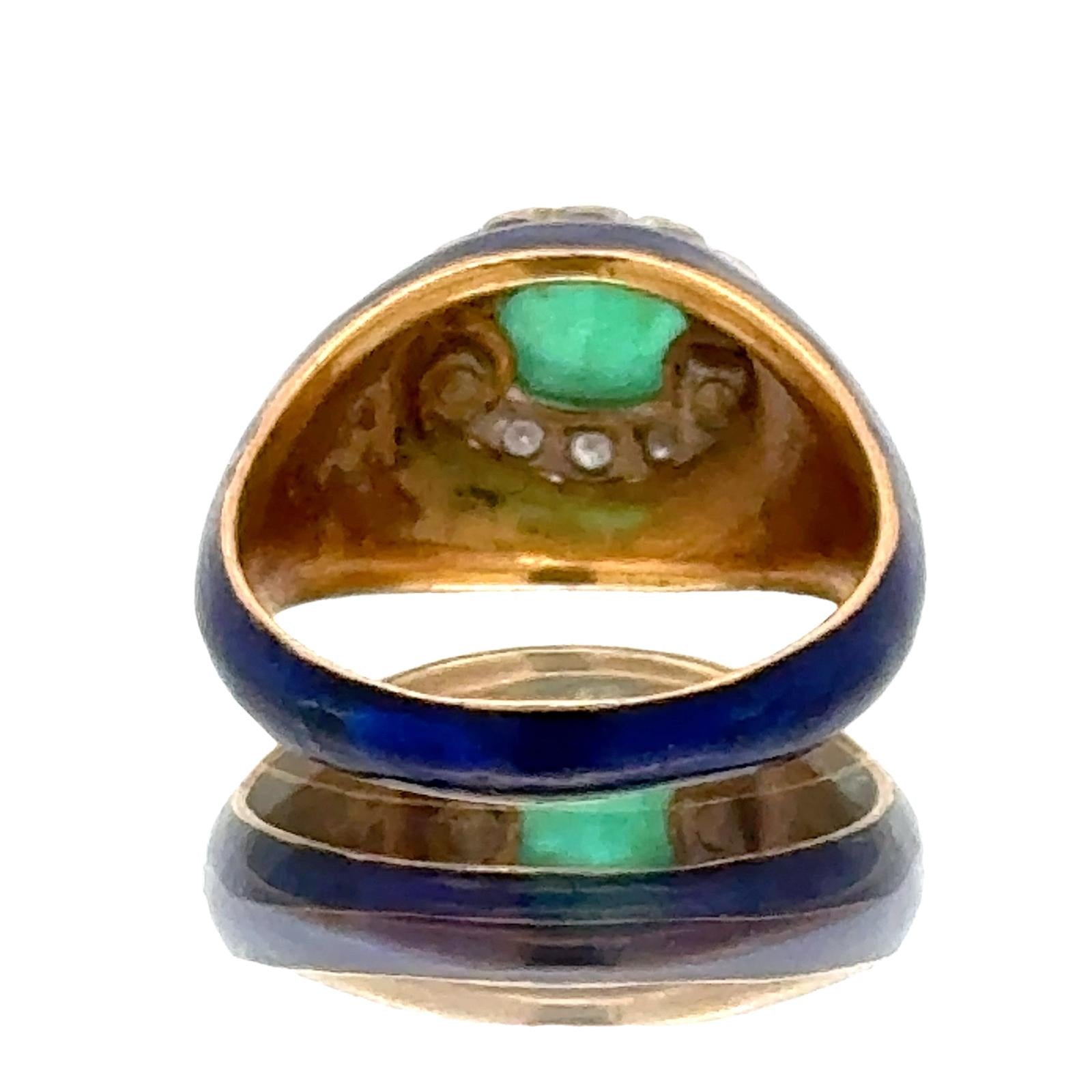 Mid-20th Century Emerald Diamond Blue Enamel 18K Yellow Gold Ring