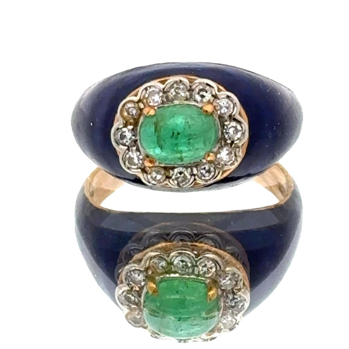 Mid-20th Century Emerald Diamond Blue Enamel 18K Yellow Gold Ring