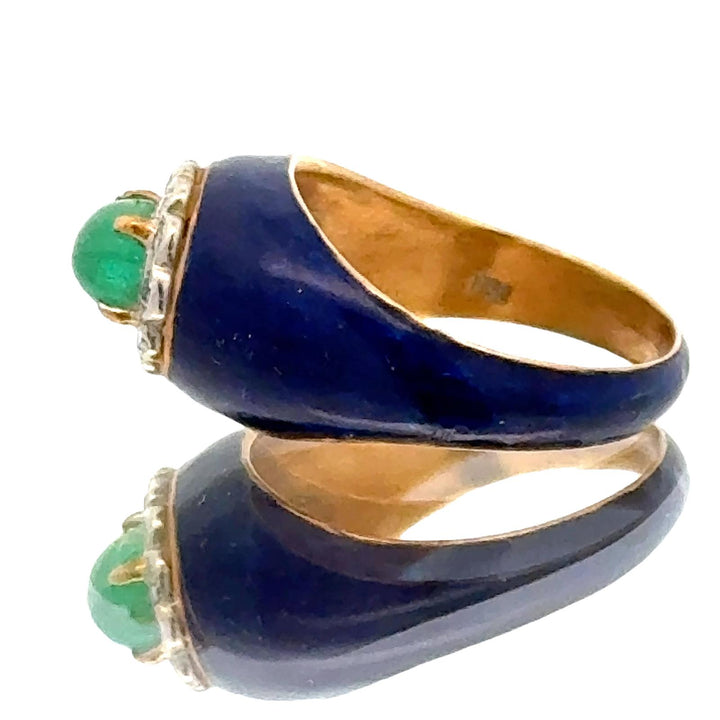 Mid-20th Century Emerald Diamond Blue Enamel 18K Yellow Gold Ring