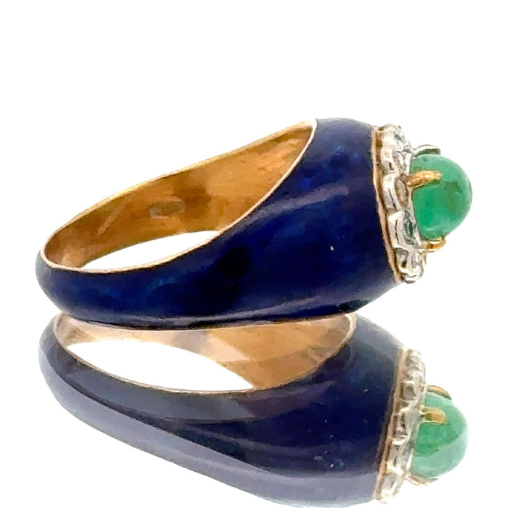 Mid-20th Century Emerald Diamond Blue Enamel 18K Yellow Gold Ring