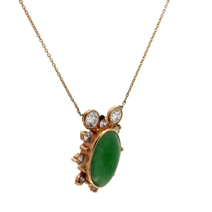 Oval Cabochon Jade Diamond 14 Karat Yellow Gold Contemporary Pendant Necklace