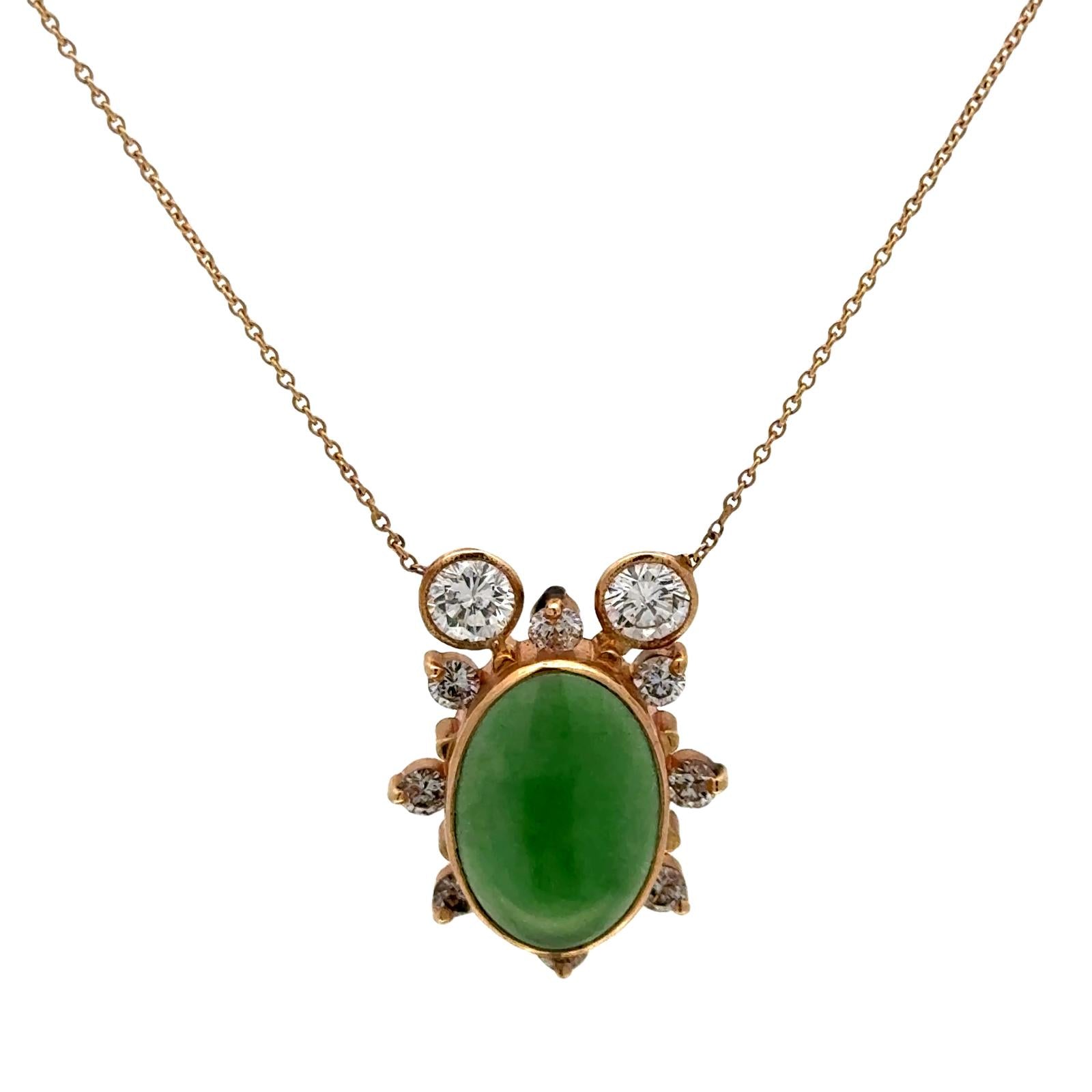 Oval Cabochon Jade Diamond 14 Karat Yellow Gold Contemporary Pendant Necklace