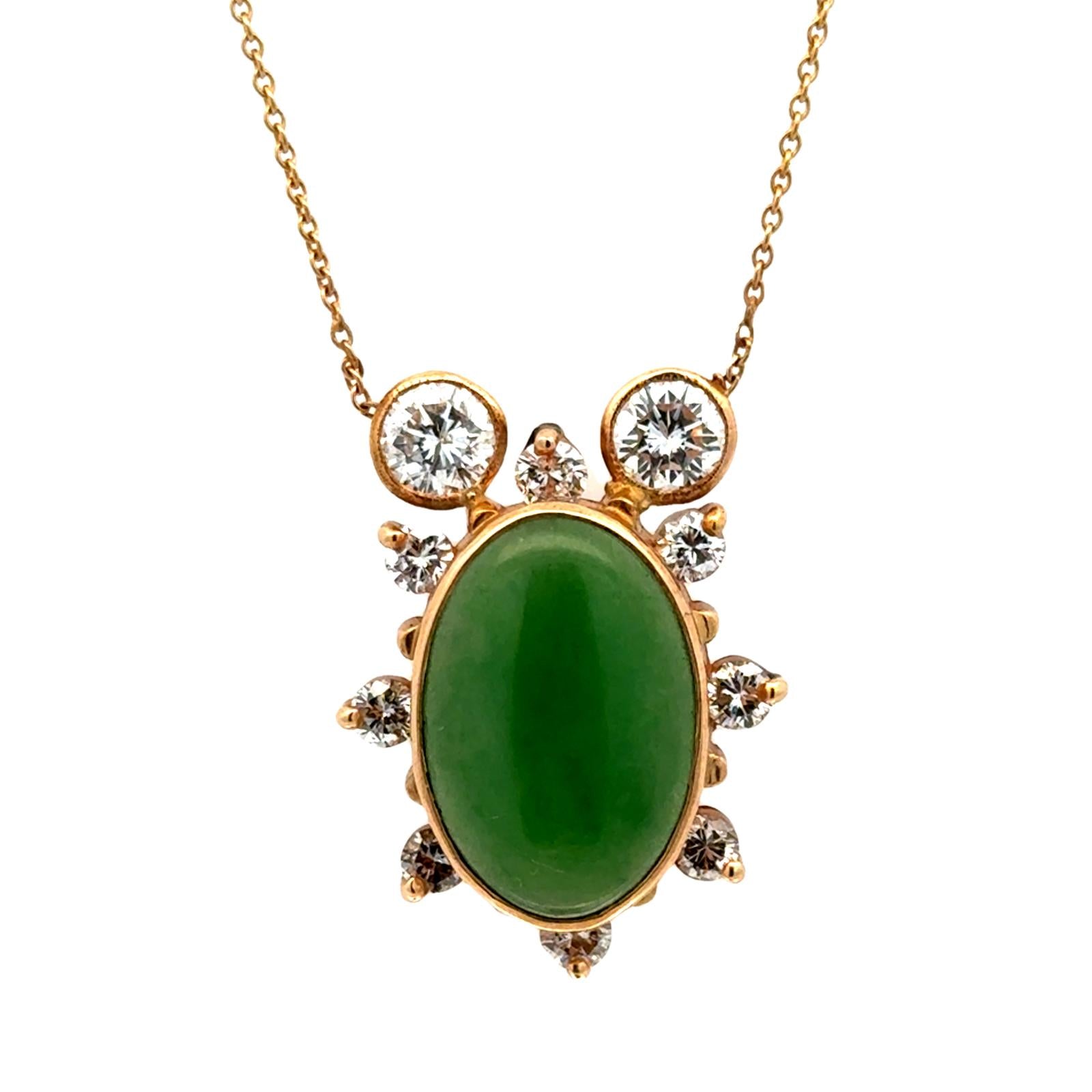 Oval Cabochon Jade Diamond 14 Karat Yellow Gold Contemporary Pendant Necklace