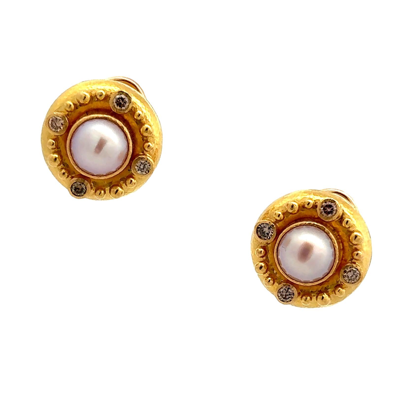 Elizabeth Locke Diamond Pearl 19 Karat Yellow Hammered Gold Clip-On Earrings