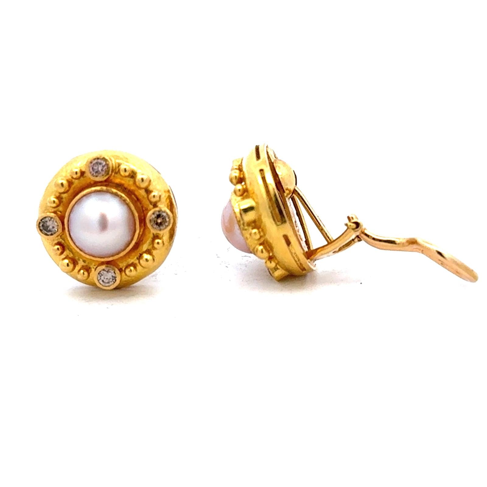 Elizabeth Locke Diamond Pearl 19 Karat Yellow Hammered Gold Clip-On Earrings