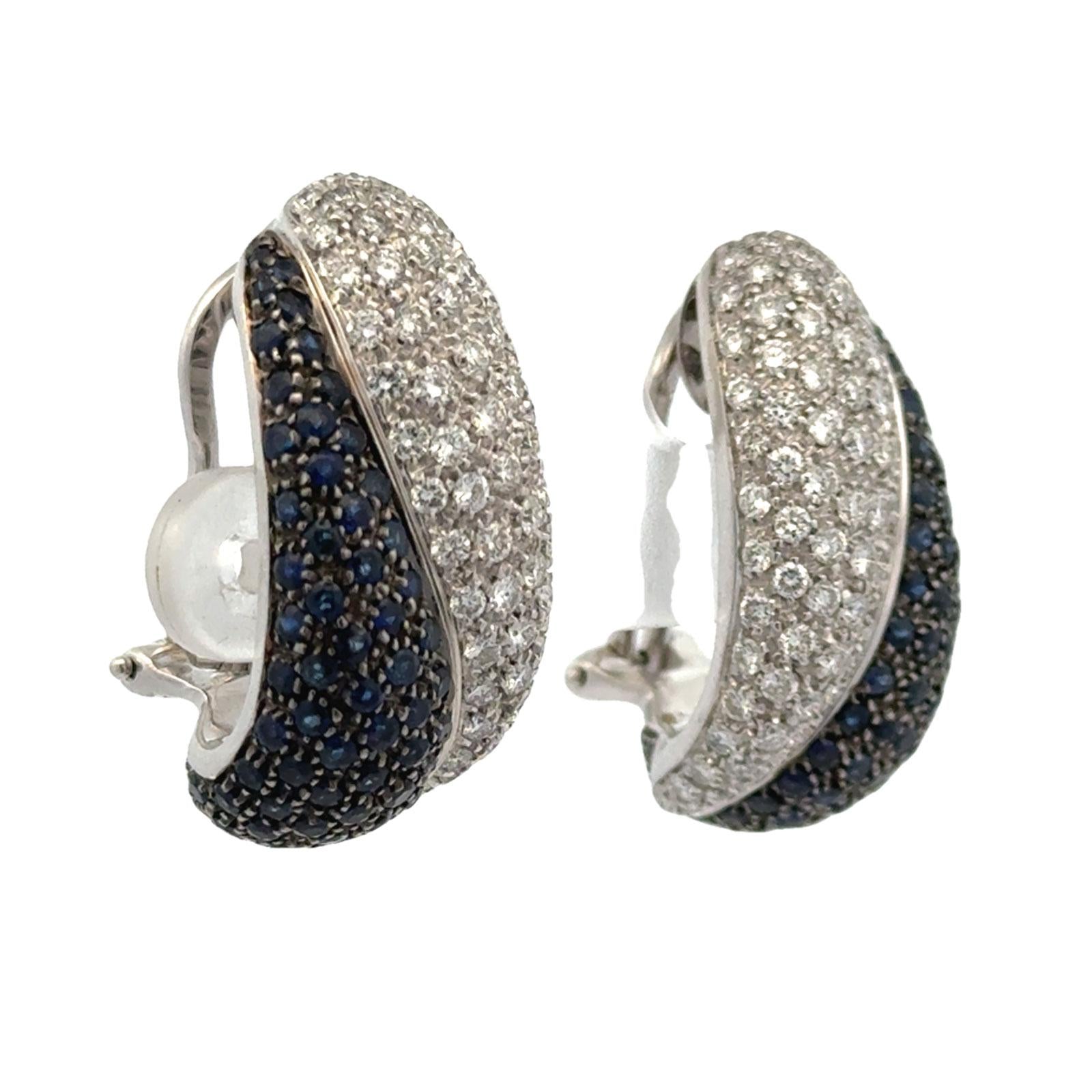 Italian Pavé Diamond Sapphire 18 Karat White Gold Modern Earclip Earrings