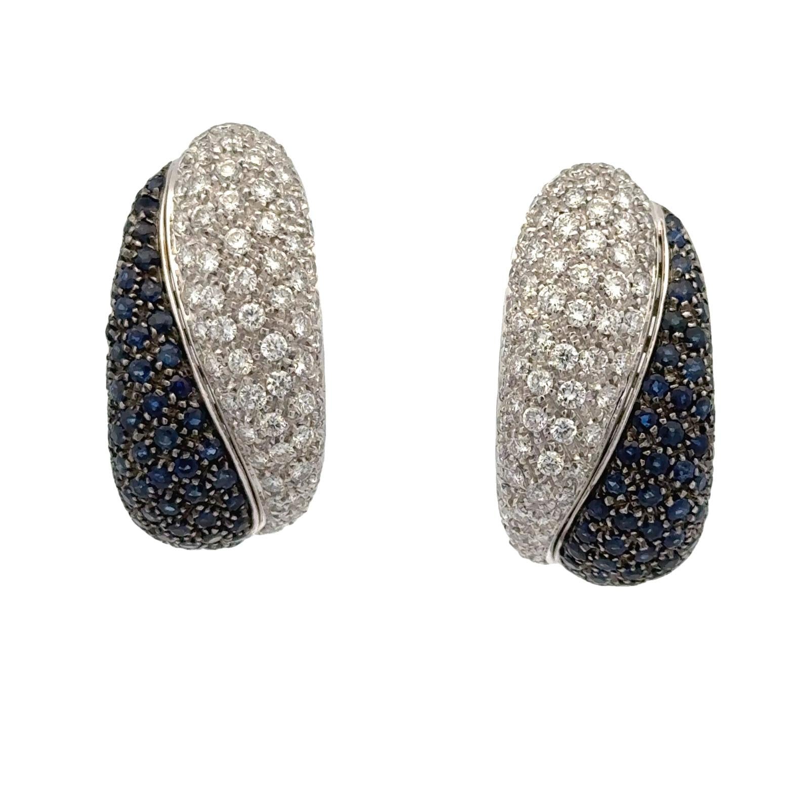 Italian Pavé Diamond Sapphire 18 Karat White Gold Modern Earclip Earrings