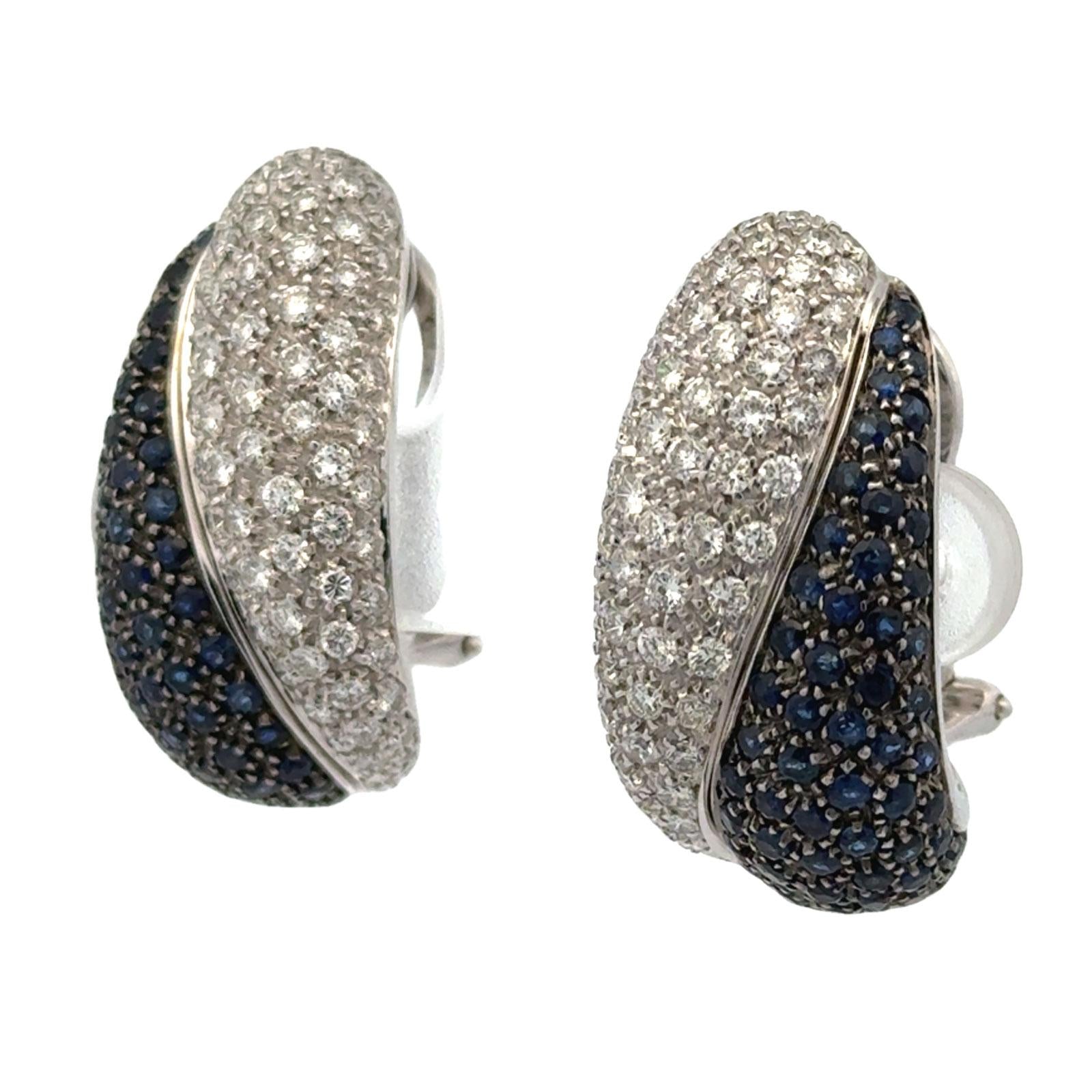 Italian Pavé Diamond Sapphire 18 Karat White Gold Modern Earclip Earrings